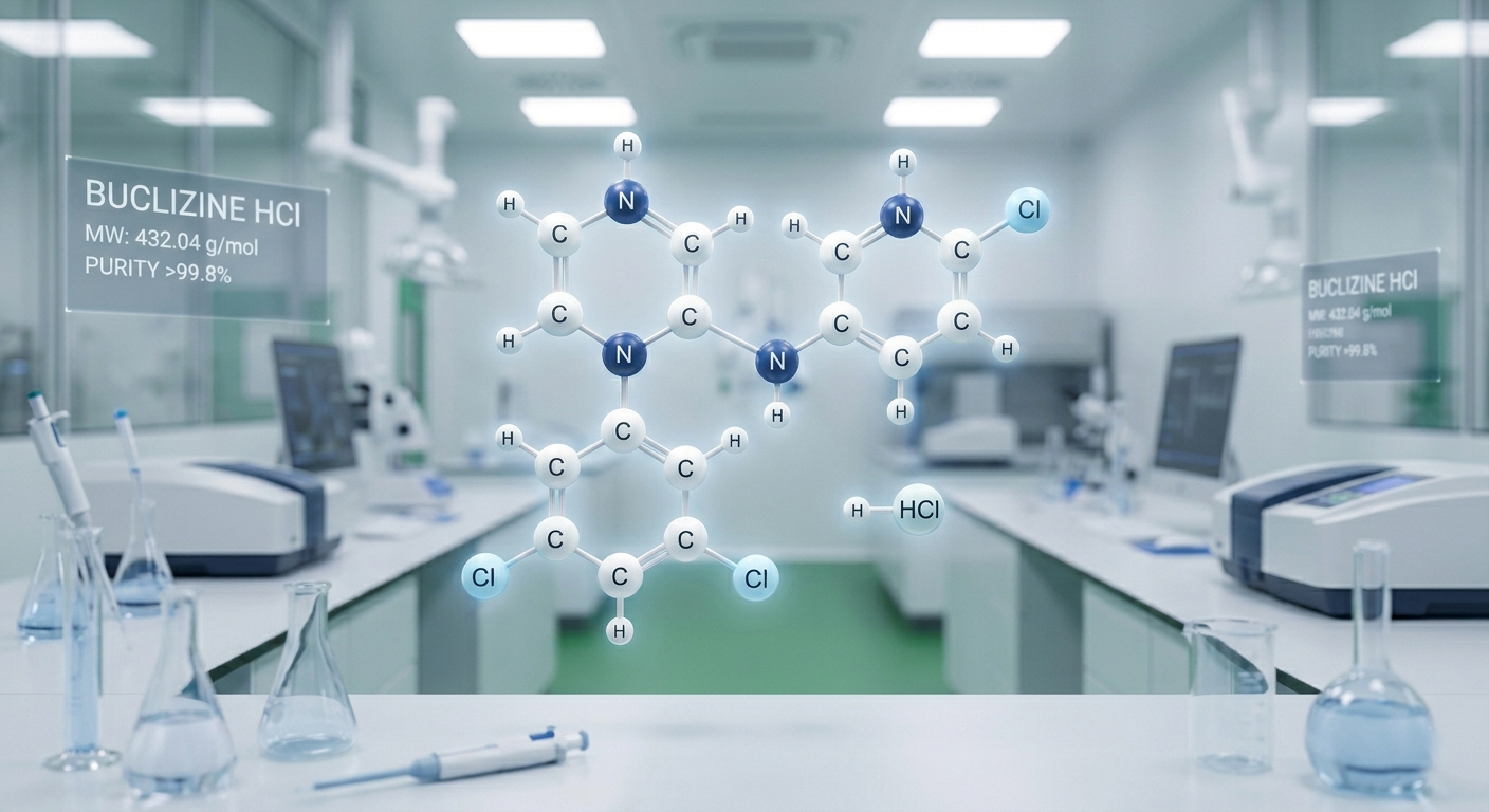 Chemical structure of buclizine hydrochloride API with molecular composition and pharmaceutical research context